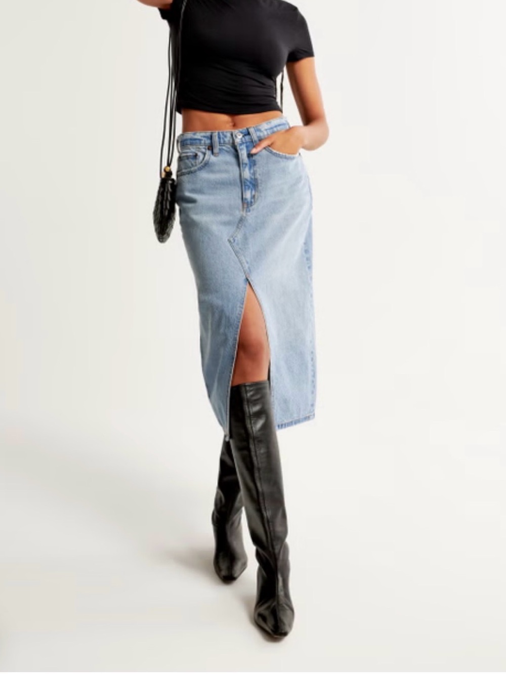 Abercrombie & Fitch Blue High Rise Denim Midi Skirt with Front Slit Size 27/4